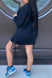 Blue Casual Letter Print Patchwork Draw String Hooded Collar Straight Dresses