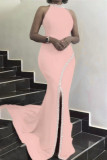 Pink Sexy Elegant Solid Patchwork Without Belt Hot Drill Halter Trumpet Mermaid Dresses