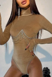 Rose Red Sexy Patchwork Rhinestone Half A Turtleneck Skinny Bodysuits