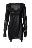 Black Sexy Solid Patchwork U Neck Pencil Skirt Dresses