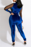 Blue Fashion Sexy Patchwork Hot Drilling See-through Half A Turtleneck Skinny Jumpsuits