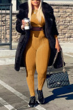 Camel Casual Solid Patchwork O Neck Long Sleeve Two Pieces