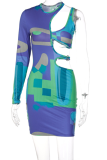 Colour Sexy Print Patchwork O Neck Pencil Skirt Dresses