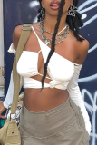White Sexy Solid Patchwork Spaghetti Strap Tops