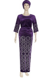 Purple Casual Solid Split Joint Hot Drill O Neck Plus Size Two Pieces(Contain The Scarf)