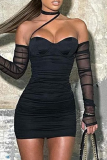 Blue Sexy Solid Mesh Strapless Pencil Skirt Dresses