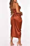 Brown Sexy Elegant Solid Patchwork Fold Asymmetrical Spaghetti Strap Sling Dress Dresses