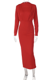 Red Casual Solid Patchwork Half A Turtleneck Pencil Skirt Dresses