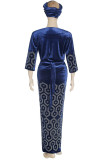 Tibetan Blue Casual Solid Split Joint Hot Drill O Neck Plus Size Two Pieces(Contain The Scarf)