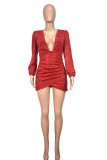 Red Sexy Solid Sequins Split Joint Asymmetrical V Neck One Step Skirt Dresses