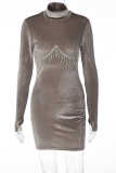 Grey Sexy Solid Rhinestone Half A Turtleneck Pencil Skirt Dresses
