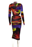 Colour Sexy Print Patchwork O Neck Pencil Skirt Dresses