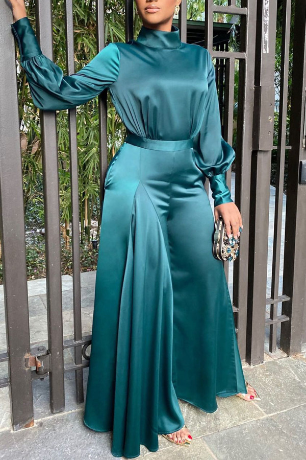 Lake Blue Elegant Solid Patchwork Turtleneck Straight Jumpsuits