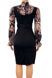 Black Casual Print Patchwork Asymmetrical O Neck One Step Skirt Dresses