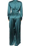 Lake Blue Elegant Solid Patchwork Turtleneck Straight Jumpsuits