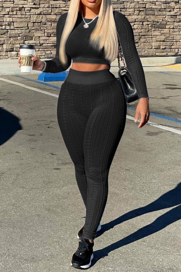 Black Casual Solid Patchwork O Neck Long Sleeve Two Pieces