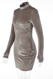 Grey Sexy Solid Rhinestone Half A Turtleneck Pencil Skirt Dresses