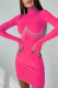 Rose Red Sexy Solid Rhinestone Half A Turtleneck Pencil Skirt Dresses