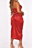 Red Sexy Solid Patchwork Fold Asymmetrical Spaghetti Strap Sling Dress Dresses