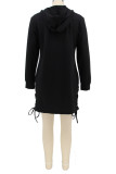 Blue Casual Letter Print Patchwork Draw String Hooded Collar Straight Dresses