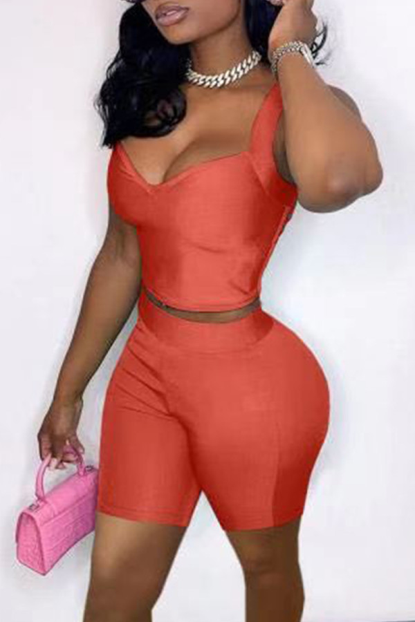 Red Sexy Casual Solid Backless V Neck Sleeveless Two Pieces