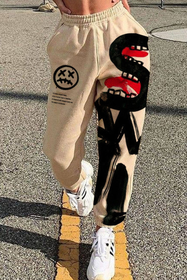 Apricot Casual Street Print Patchwork Straight High Waist Straight Positioning Print Bottoms