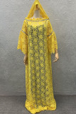 Yellow Casual Solid Hollowed Out Split Joint Off the Shoulder Plus Size Dresses