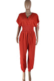 Red Fashion Casual Solid Draw String V Neck Regular Jumpsuits