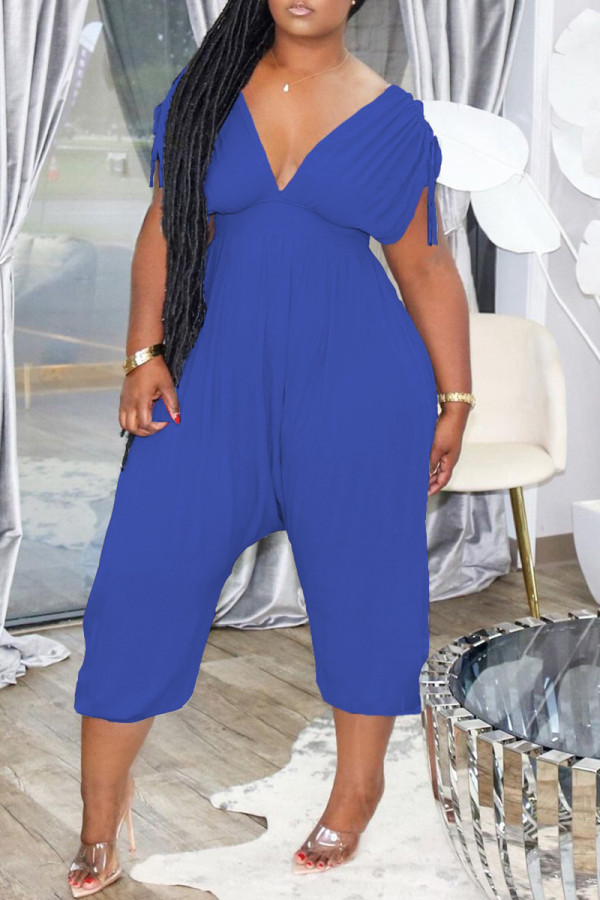Peacock Blue Fashion Casual Solid Draw String V Neck Regular Jumpsuits