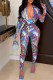 Blue Fashion Sexy Print Printing V Neck Long Sleeve Two Pieces
