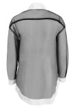 Black Casual Solid Patchwork Buckle See-through Turndown Collar Tops