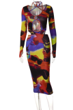 Colour Sexy Print Patchwork O Neck Pencil Skirt Dresses