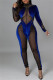 Blue Fashion Sexy Patchwork Hot Drilling See-through Half A Turtleneck Skinny Jumpsuits
