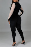 Blue Fashion Sexy Patchwork Hot Drilling See-through Half A Turtleneck Skinny Jumpsuits