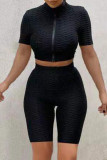 Black Casual Sportswear Solid Basic Turtleneck Short Sleeve Two Pieces