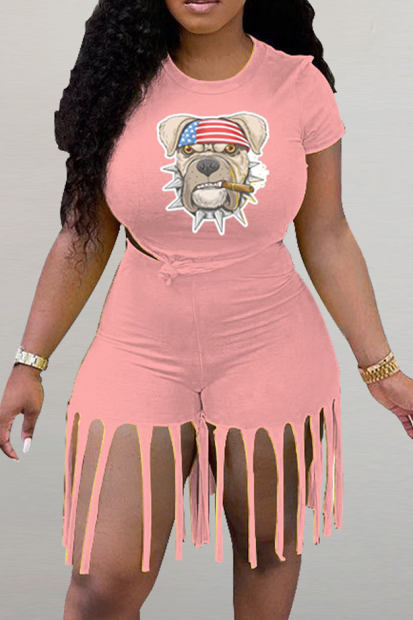 Pink Casual Print Tassel Patchwork O Neck Short Sleeve Two Pieces