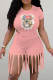Pink Casual Print Tassel Patchwork O Neck Short Sleeve Two Pieces