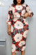 Red White Casual Print Patchwork Slit O Neck One Step Skirt Dresses