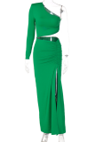 Green Sexy Solid High Opening One Shoulder Irregular Dress Dresses