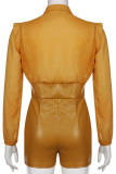 Khaki Fashion Casual Solid Patchwork Turndown Collar Skinny Romper
