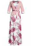 Pink Casual Print Patchwork O Neck Half Sleeve Two Pieces