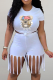 White Casual Print Tassel Patchwork O Neck Short Sleeve Two Pieces