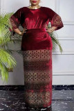 Red Casual Solid Bandage Patchwork Hot Drill O Neck Plus Size Two Pieces