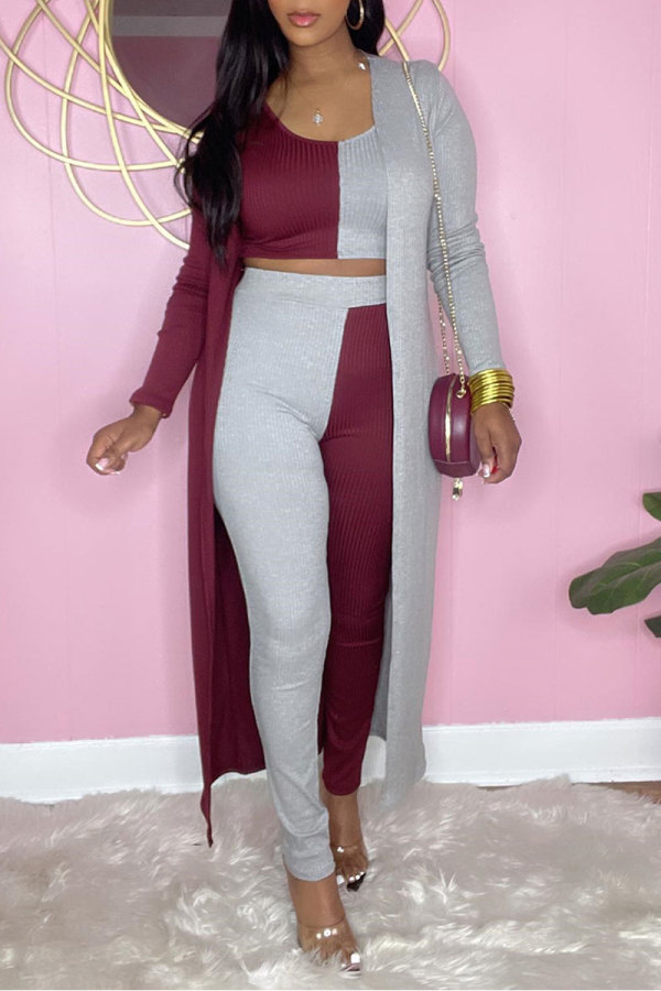 Red Fashion Casual Color Lump Vests Pants U Neck Long Sleeve Two Pieces