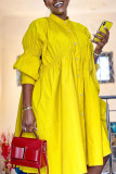 Yellow Casual Solid Patchwork Buckle Fold Mandarin Collar Shirt Dress Dresses