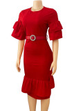 Red Casual Solid Patchwork Flounce Asymmetrical O Neck Straight Dresses
