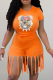 Tangerine Red Casual Print Tassel Patchwork O Neck Short Sleeve Two Pieces