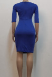Blue Casual Solid Patchwork Flounce O Neck One Step Skirt Dresses