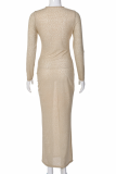 Camel Sexy Buckle V Neck Pencil Skirt Dresses