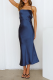 Deep Blue Casual Solid Patchwork Spaghetti Strap Pencil Skirt Dresses